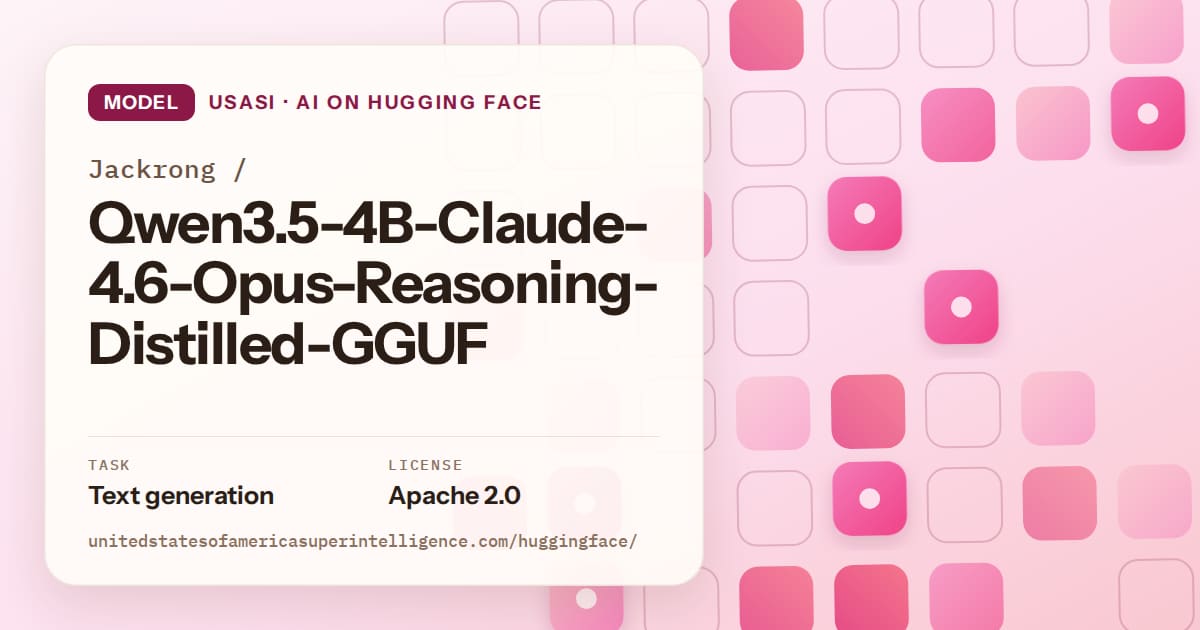 Generated rose rounded-tile grid artwork for the model Jackrong/Qwen3.5-4B-Claude-4.6-Opus-Reasoning-Distilled-GGUF, labeled USASI · AI on Hugging Face, with Task: Text generation · License: Apache 2.0.