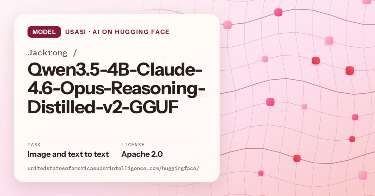 Generated rose wave-lattice artwork for the model Jackrong/Qwen3.5-4B-Claude-4.6-Opus-Reasoning-Distilled-v2-GGUF, labeled USASI · AI on Hugging Face, with Task: Image and text to text · License: Apache 2.0.
