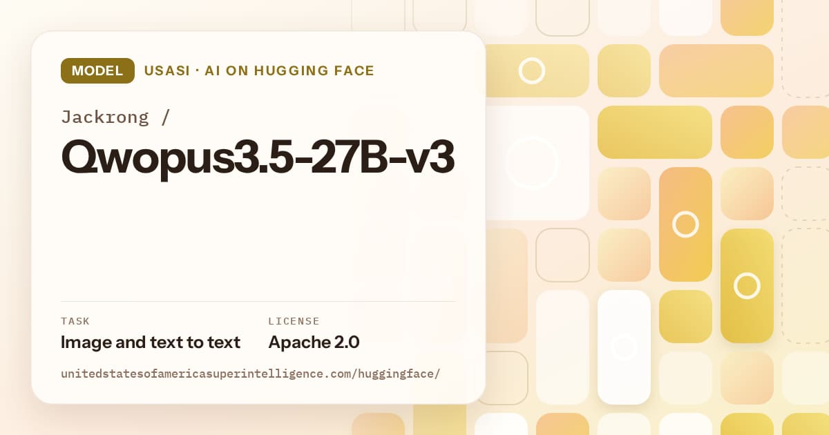 Generated gold tile-mosaic artwork for the model Jackrong/Qwopus3.5-27B-v3, labeled USASI · AI on Hugging Face, with Task: Image and text to text · License: Apache 2.0.