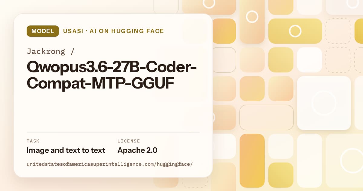 Generated gold tile-mosaic artwork for the model Jackrong/Qwopus3.6-27B-Coder-Compat-MTP-GGUF, labeled USASI · AI on Hugging Face, with Task: Image and text to text · License: Apache 2.0.