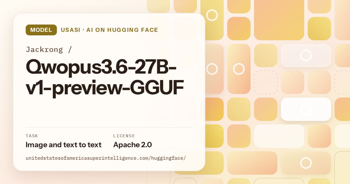 Generated gold tile-mosaic artwork for the model Jackrong/Qwopus3.6-27B-v1-preview-GGUF, labeled USASI · AI on Hugging Face, with Task: Image and text to text · License: Apache 2.0.