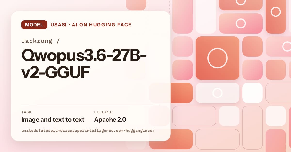 Generated coral tile-mosaic artwork for the model Jackrong/Qwopus3.6-27B-v2-GGUF, labeled USASI · AI on Hugging Face, with Task: Image and text to text · License: Apache 2.0.