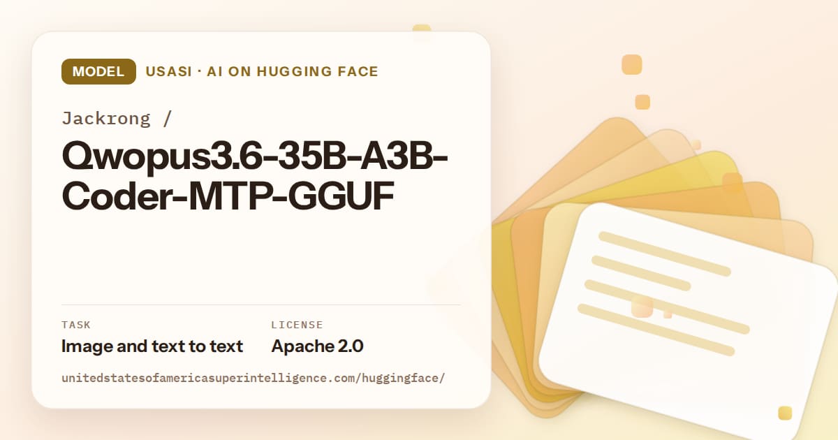 Generated amber layered-card artwork for the model Jackrong/Qwopus3.6-35B-A3B-Coder-MTP-GGUF, labeled USASI · AI on Hugging Face, with Task: Image and text to text · License: Apache 2.0.