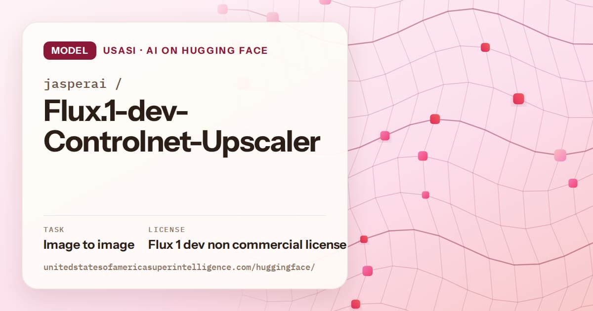 Generated rose wave-lattice artwork for the model jasperai/Flux.1-dev-Controlnet-Upscaler, labeled USASI · AI on Hugging Face, with Task: Image to image · License: Flux 1 dev non commercial license.
