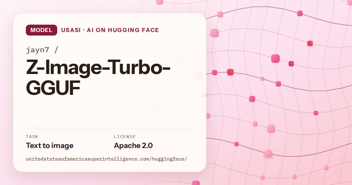 Generated rose wave-lattice artwork for the model jayn7/Z-Image-Turbo-GGUF, labeled USASI · AI on Hugging Face, with Task: Text to image · License: Apache 2.0.