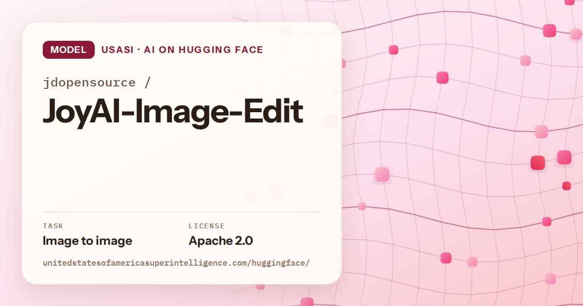 Generated rose wave-lattice artwork for the model jdopensource/JoyAI-Image-Edit, labeled USASI · AI on Hugging Face, with Task: Image to image · License: Apache 2.0.