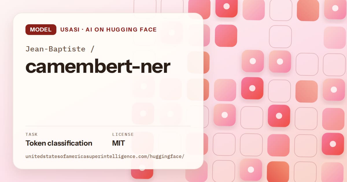 Generated coral rounded-tile grid artwork for the model Jean-Baptiste/camembert-ner, labeled USASI · AI on Hugging Face, with Task: Token classification · License: MIT.