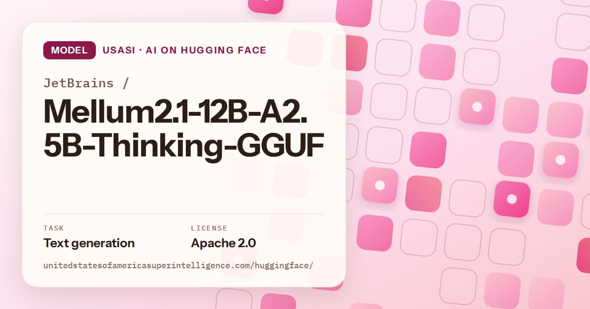Generated rose rounded-tile grid artwork for the model JetBrains/Mellum2.1-12B-A2.5B-Thinking-GGUF, labeled USASI · AI on Hugging Face, with Task: Text generation · License: Apache 2.0.