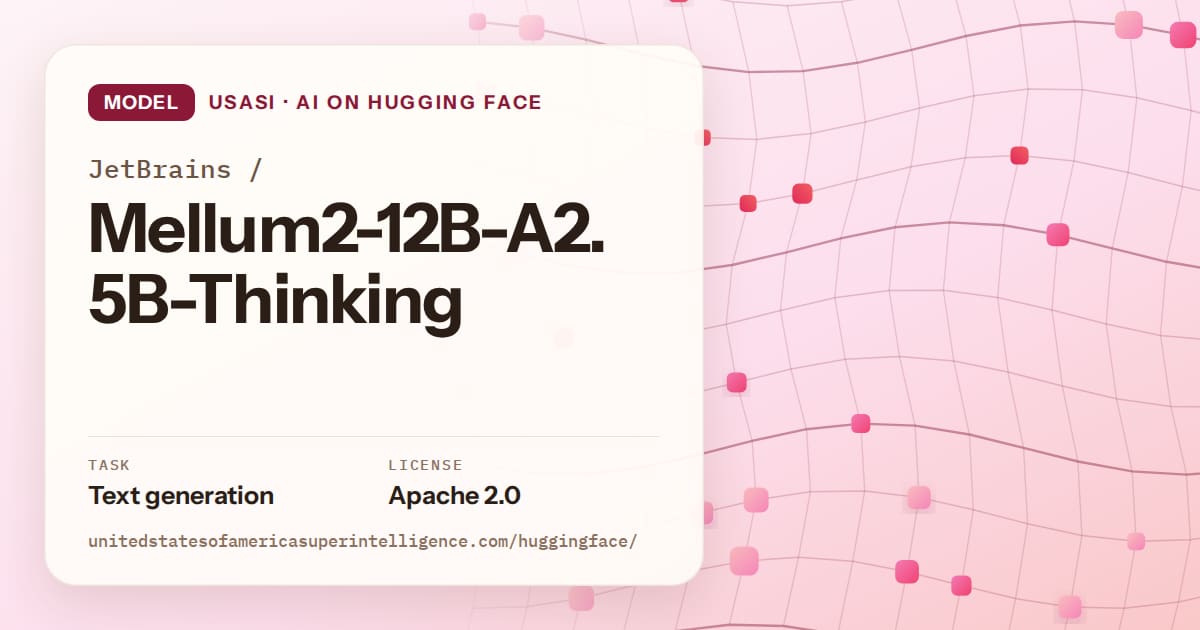 Generated rose wave-lattice artwork for the model JetBrains/Mellum2-12B-A2.5B-Thinking, labeled USASI · AI on Hugging Face, with Task: Text generation · License: Apache 2.0.