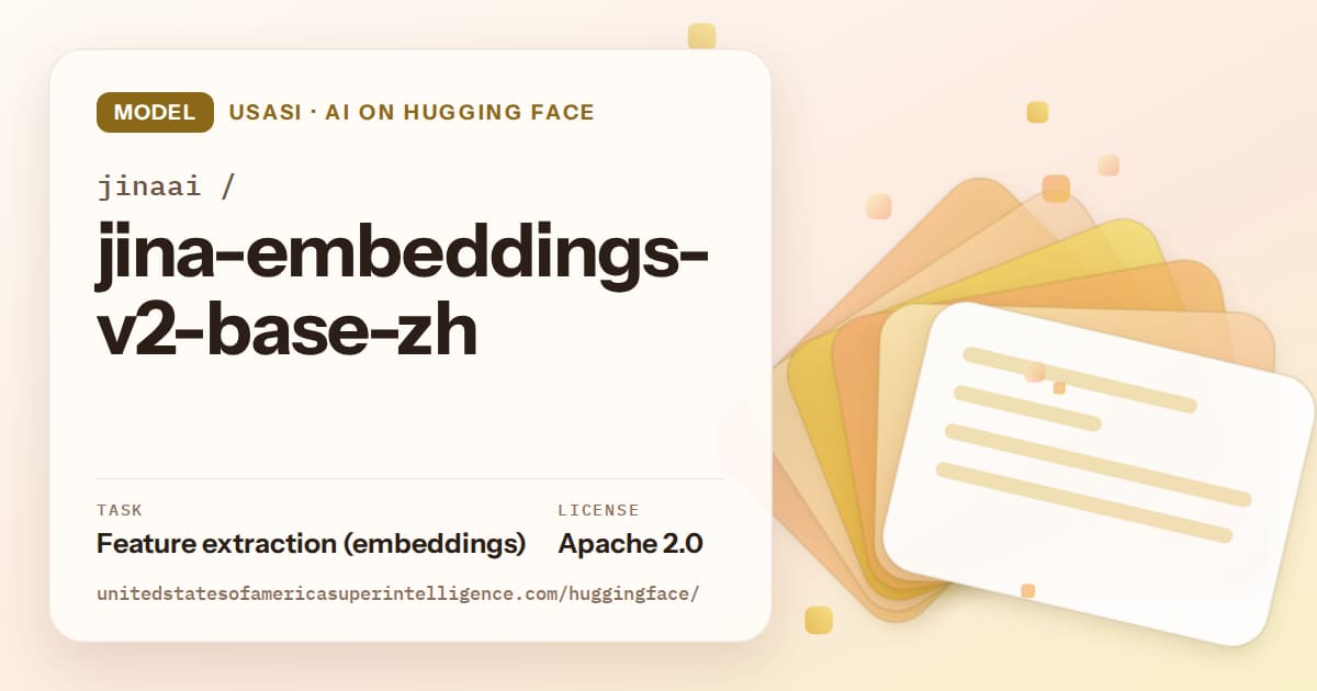 Generated amber layered-card artwork for the model jinaai/jina-embeddings-v2-base-zh, labeled USASI · AI on Hugging Face, with Task: Feature extraction (embeddings) · License: Apache 2.0.