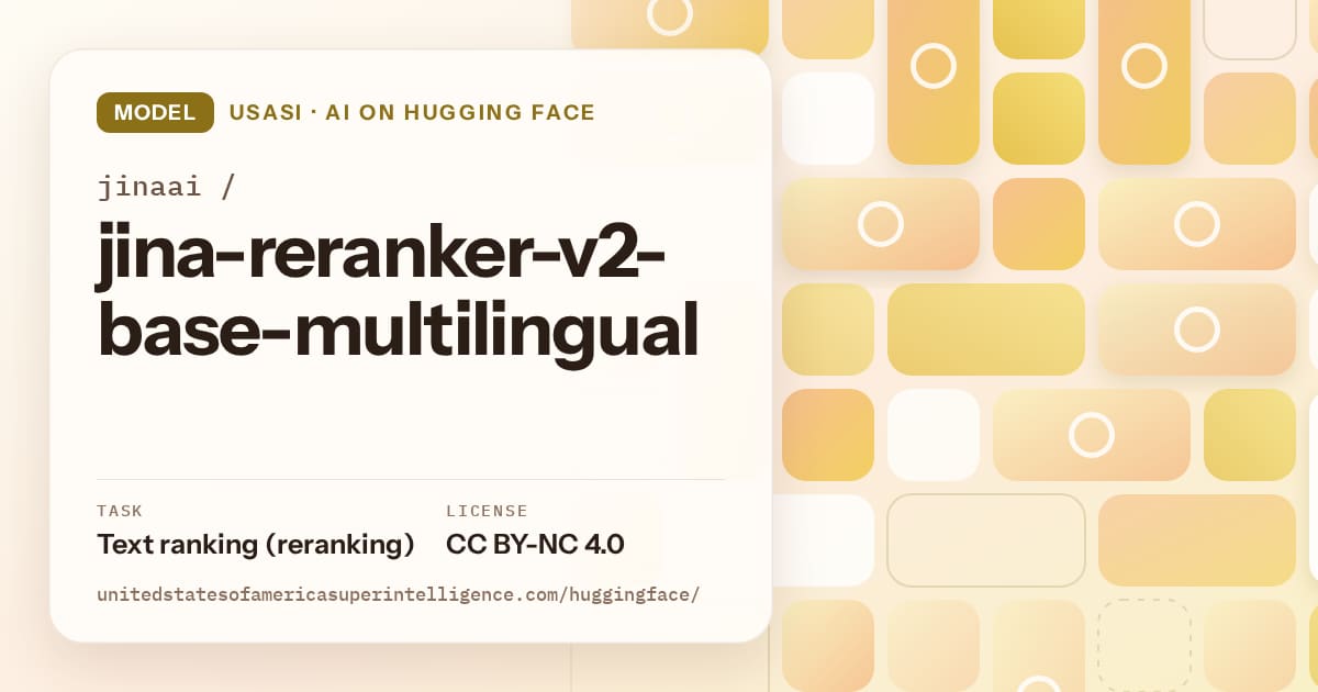 Generated gold tile-mosaic artwork for the model jinaai/jina-reranker-v2-base-multilingual, labeled USASI · AI on Hugging Face, with Task: Text ranking (reranking) · License: CC BY-NC 4.0.
