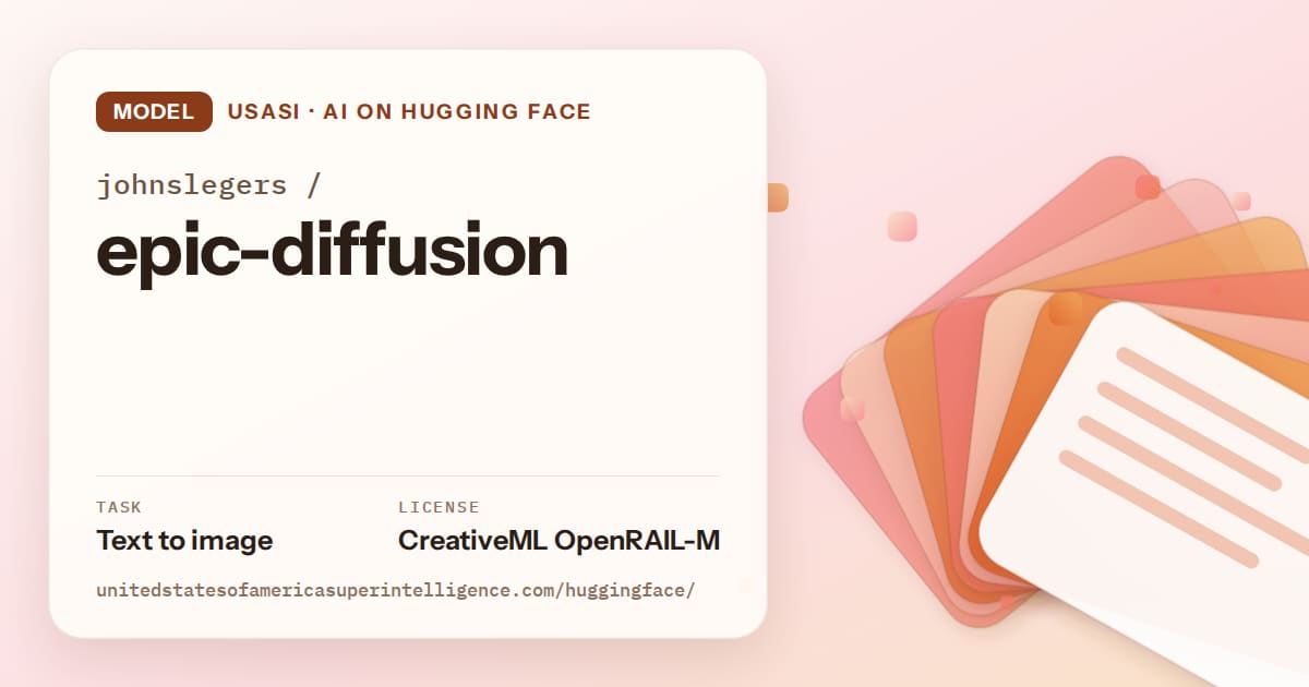Generated tangerine layered-card artwork for the model johnslegers/epic-diffusion, labeled USASI · AI on Hugging Face, with Task: Text to image · License: CreativeML OpenRAIL-M.