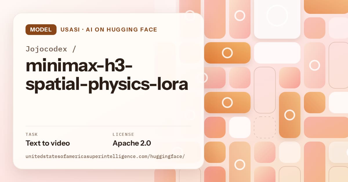 Generated orange tile-mosaic artwork for the model Jojocodex/minimax-h3-spatial-physics-lora, labeled USASI · AI on Hugging Face, with Task: Text to video · License: Apache 2.0.