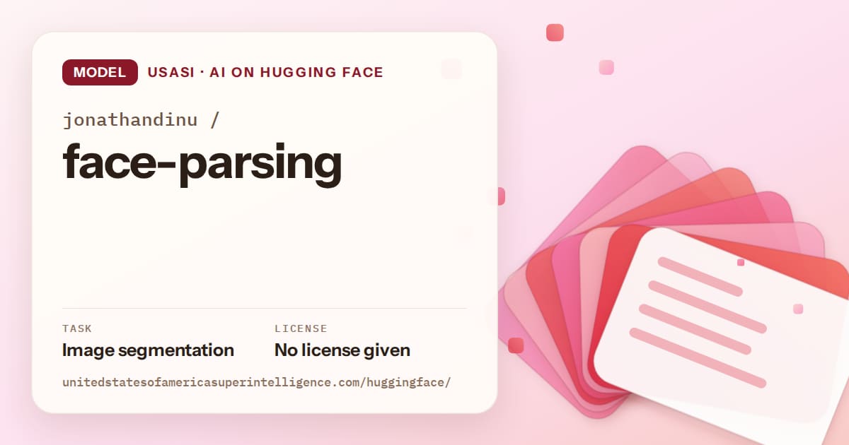 Generated coral layered-card artwork for the model jonathandinu/face-parsing, labeled USASI · AI on Hugging Face, with Task: Image segmentation · License: No license given.