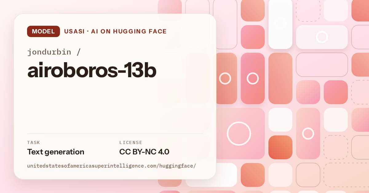 Generated coral tile-mosaic artwork for the model jondurbin/airoboros-13b, labeled USASI · AI on Hugging Face, with Task: Text generation · License: CC BY-NC 4.0.