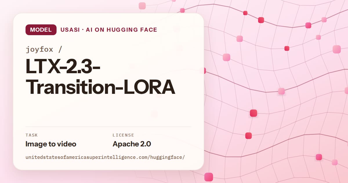 Generated rose wave-lattice artwork for the model joyfox/LTX-2.3-Transition-LORA, labeled USASI · AI on Hugging Face, with Task: Image to video · License: Apache 2.0.