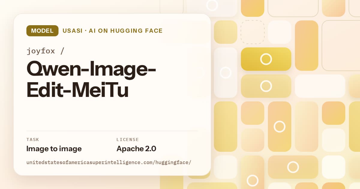 Generated gold tile-mosaic artwork for the model joyfox/Qwen-Image-Edit-MeiTu, labeled USASI · AI on Hugging Face, with Task: Image to image · License: Apache 2.0.