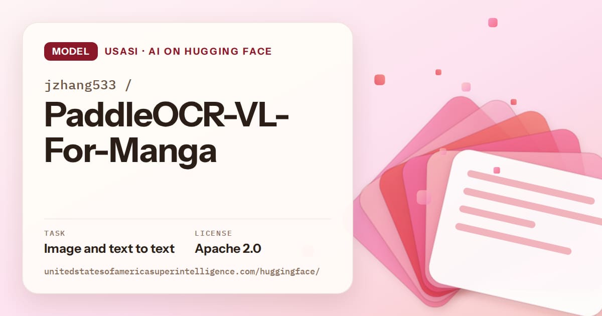 Generated coral layered-card artwork for the model jzhang533/PaddleOCR-VL-For-Manga, labeled USASI · AI on Hugging Face, with Task: Image and text to text · License: Apache 2.0.