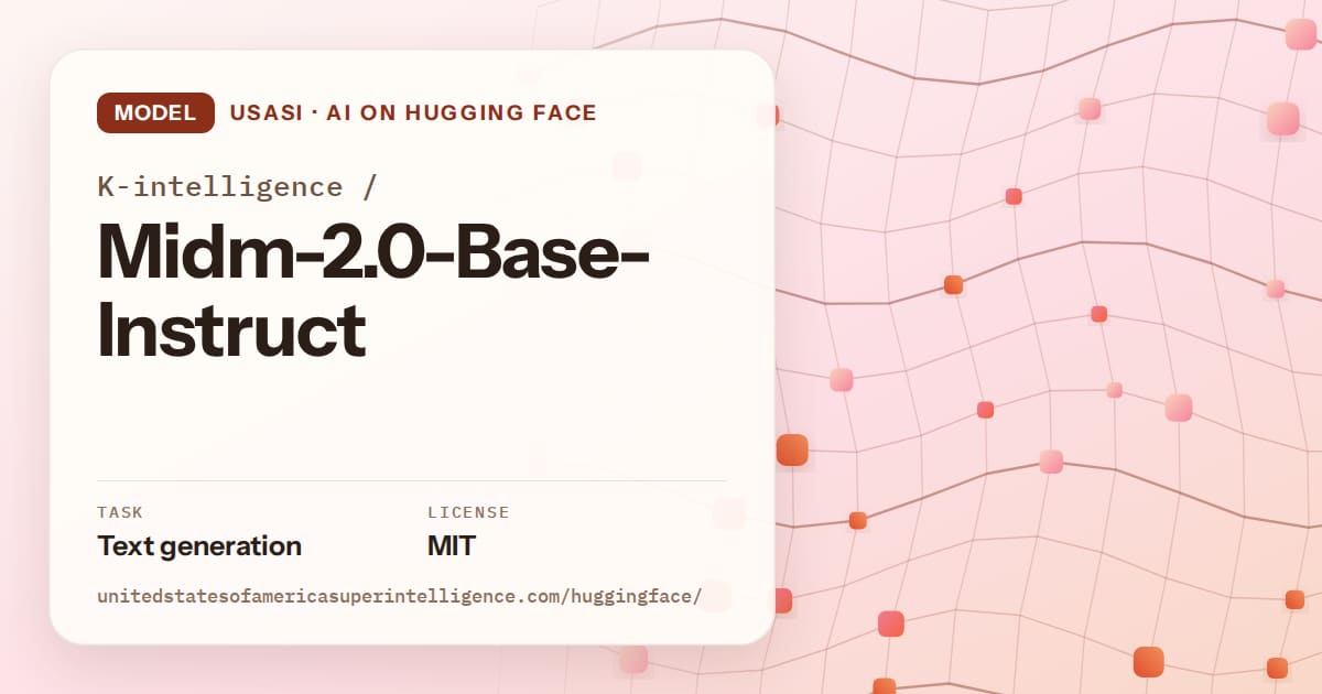 Generated tangerine wave-lattice artwork for the model K-intelligence/Midm-2.0-Base-Instruct, labeled USASI · AI on Hugging Face, with Task: Text generation · License: MIT.