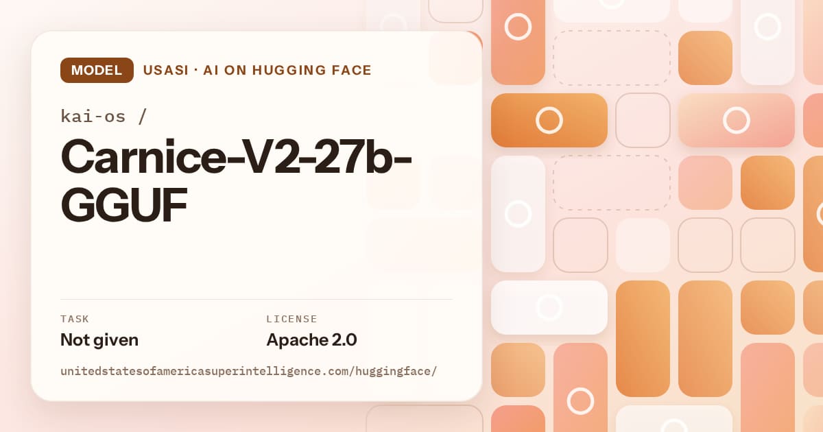 Generated orange tile-mosaic artwork for the model kai-os/Carnice-V2-27b-GGUF, labeled USASI · AI on Hugging Face, with Task: Not given · License: Apache 2.0.