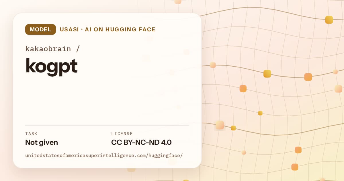 Generated amber wave-lattice artwork for the model kakaobrain/kogpt, labeled USASI · AI on Hugging Face, with Task: Not given · License: CC BY-NC-ND 4.0.