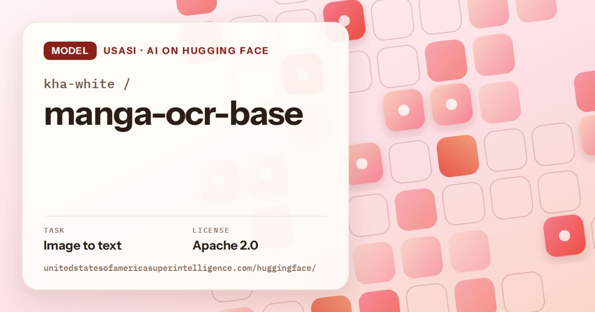 Generated coral rounded-tile grid artwork for the model kha-white/manga-ocr-base, labeled USASI · AI on Hugging Face, with Task: Image to text · License: Apache 2.0.