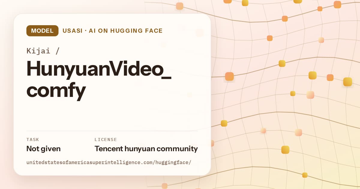 Generated amber wave-lattice artwork for the model Kijai/HunyuanVideo_comfy, labeled USASI · AI on Hugging Face, with Task: Not given · License: Tencent hunyuan community.