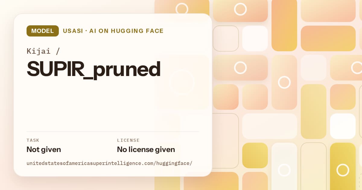 Generated gold tile-mosaic artwork for the model Kijai/SUPIR_pruned, labeled USASI · AI on Hugging Face, with Task: Not given · License: No license given.