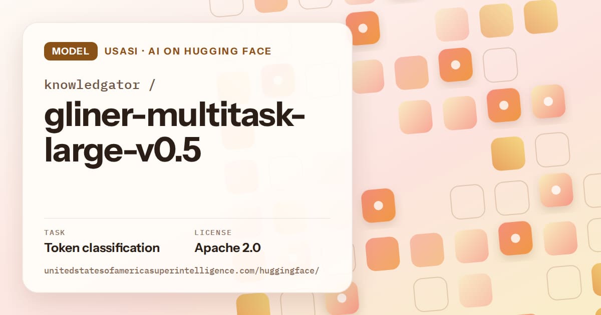 Generated orange rounded-tile grid artwork for the model knowledgator/gliner-multitask-large-v0.5, labeled USASI · AI on Hugging Face, with Task: Token classification · License: Apache 2.0.