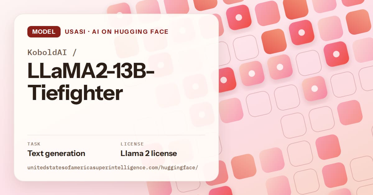 Generated coral rounded-tile grid artwork for the model KoboldAI/LLaMA2-13B-Tiefighter, labeled USASI · AI on Hugging Face, with Task: Text generation · License: Llama 2 license.