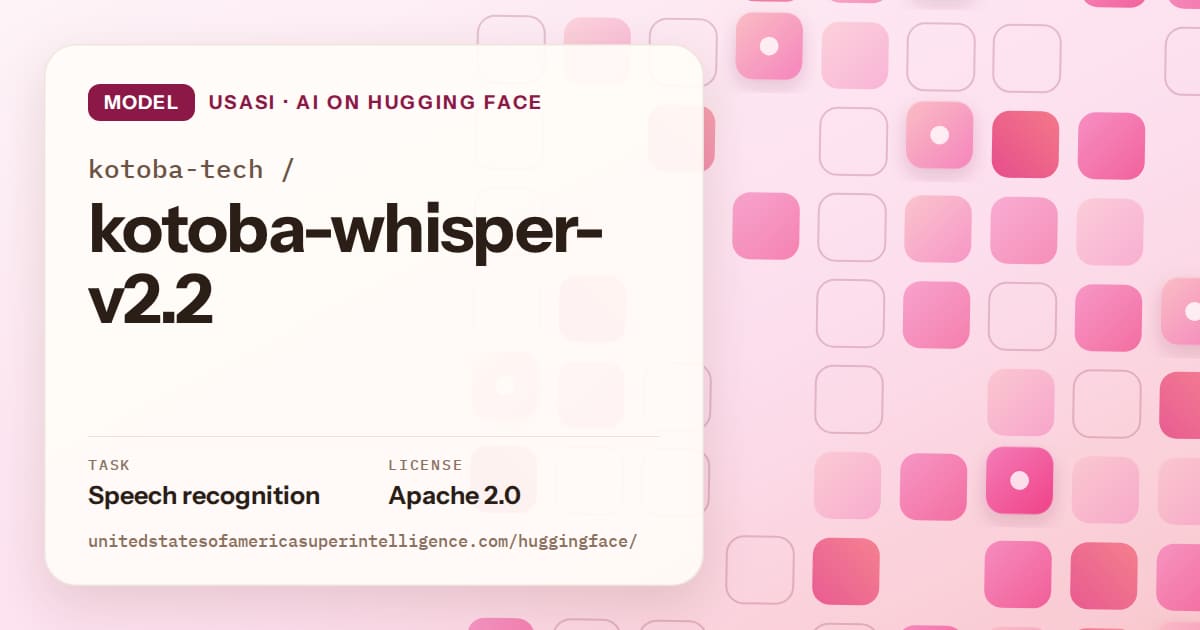 Generated rose rounded-tile grid artwork for the model kotoba-tech/kotoba-whisper-v2.2, labeled USASI · AI on Hugging Face, with Task: Speech recognition · License: Apache 2.0.