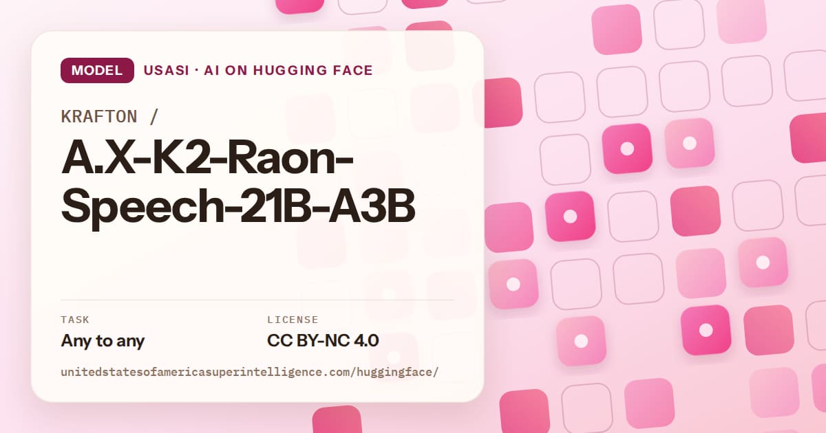 Generated rose rounded-tile grid artwork for the model KRAFTON/A.X-K2-Raon-Speech-21B-A3B, labeled USASI · AI on Hugging Face, with Task: Any to any · License: CC BY-NC 4.0.