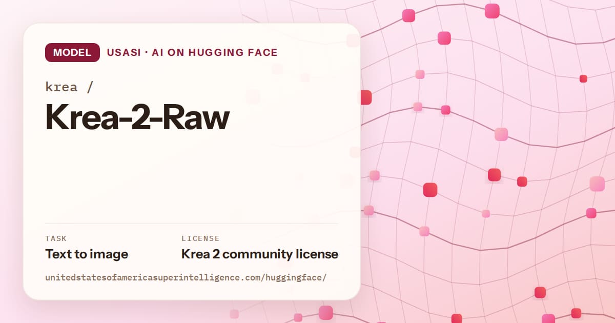 Generated rose wave-lattice artwork for the model krea/Krea-2-Raw, labeled USASI · AI on Hugging Face, with Task: Text to image · License: Krea 2 community license.