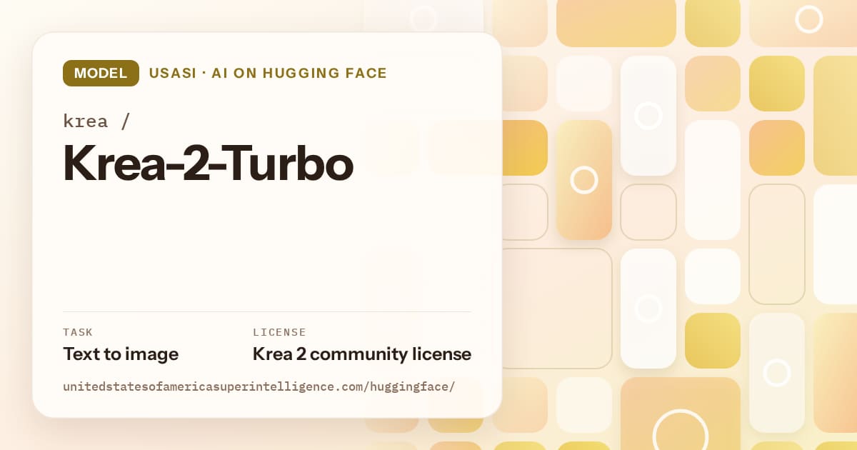 Generated gold tile-mosaic artwork for the model krea/Krea-2-Turbo, labeled USASI · AI on Hugging Face, with Task: Text to image · License: Krea 2 community license.