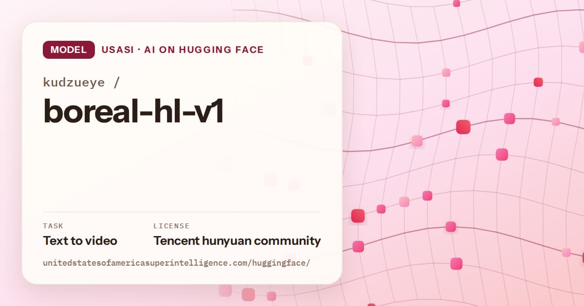 Generated rose wave-lattice artwork for the model kudzueye/boreal-hl-v1, labeled USASI · AI on Hugging Face, with Task: Text to video · License: Tencent hunyuan community.
