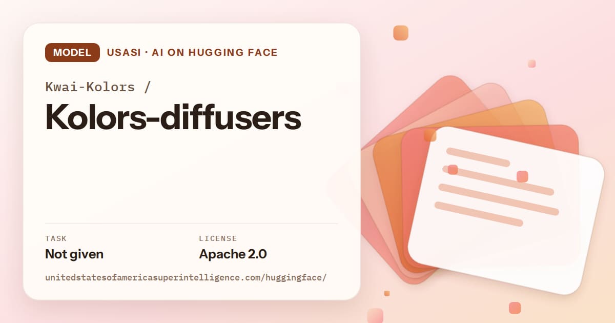 Generated tangerine layered-card artwork for the model Kwai-Kolors/Kolors-diffusers, labeled USASI · AI on Hugging Face, with Task: Not given · License: Apache 2.0.