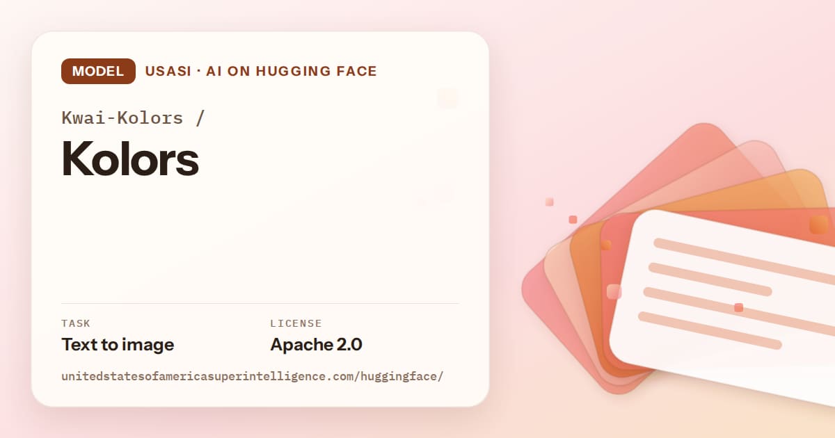 Generated tangerine layered-card artwork for the model Kwai-Kolors/Kolors, labeled USASI · AI on Hugging Face, with Task: Text to image · License: Apache 2.0.