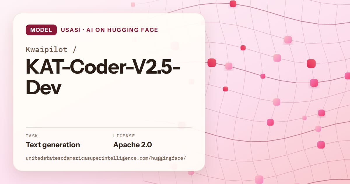Generated rose wave-lattice artwork for the model Kwaipilot/KAT-Coder-V2.5-Dev, labeled USASI · AI on Hugging Face, with Task: Text generation · License: Apache 2.0.