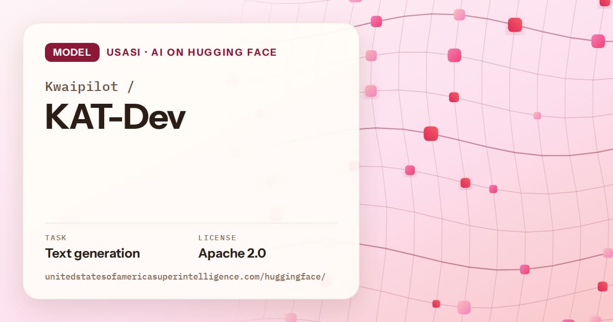 Generated rose wave-lattice artwork for the model Kwaipilot/KAT-Dev, labeled USASI · AI on Hugging Face, with Task: Text generation · License: Apache 2.0.