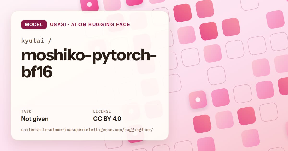 Generated rose rounded-tile grid artwork for the model kyutai/moshiko-pytorch-bf16, labeled USASI · AI on Hugging Face, with Task: Not given · License: CC BY 4.0.