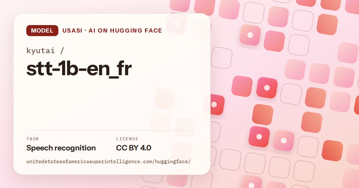 Generated coral rounded-tile grid artwork for the model kyutai/stt-1b-en_fr, labeled USASI · AI on Hugging Face, with Task: Speech recognition · License: CC BY 4.0.