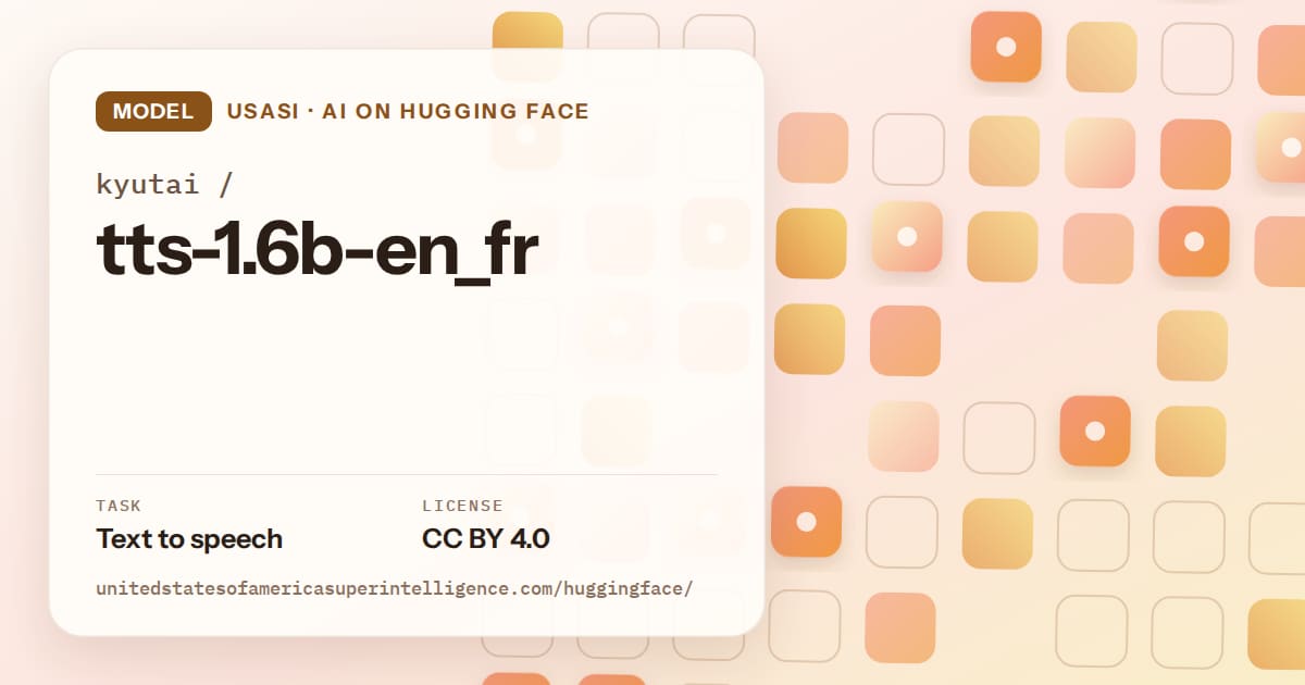 Generated orange rounded-tile grid artwork for the model kyutai/tts-1.6b-en_fr, labeled USASI · AI on Hugging Face, with Task: Text to speech · License: CC BY 4.0.
