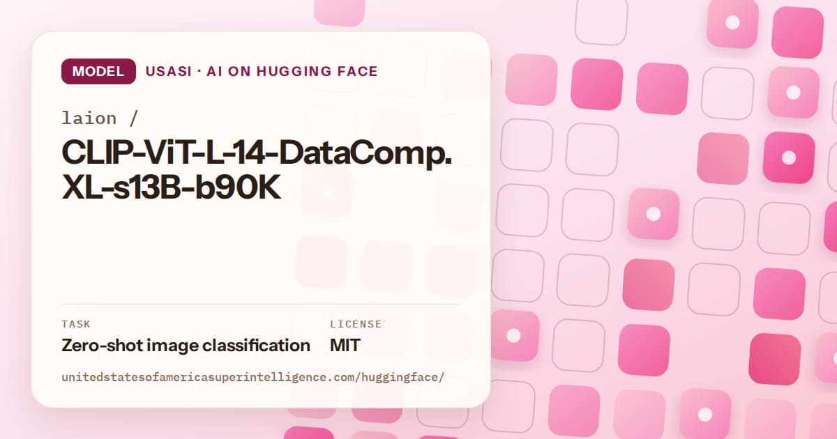 Generated rose rounded-tile grid artwork for the model laion/CLIP-ViT-L-14-DataComp.XL-s13B-b90K, labeled USASI · AI on Hugging Face, with Task: Zero-shot image classification · License: MIT.