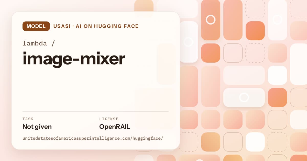Generated orange tile-mosaic artwork for the model lambda/image-mixer, labeled USASI · AI on Hugging Face, with Task: Not given · License: OpenRAIL.