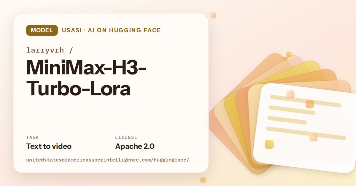 Generated amber layered-card artwork for the model larryvrh/MiniMax-H3-Turbo-Lora, labeled USASI · AI on Hugging Face, with Task: Text to video · License: Apache 2.0.