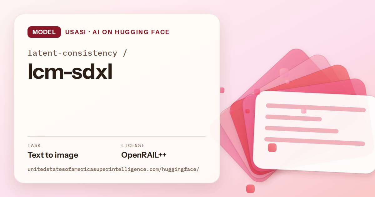 Generated coral layered-card artwork for the model latent-consistency/lcm-sdxl, labeled USASI · AI on Hugging Face, with Task: Text to image · License: OpenRAIL++.