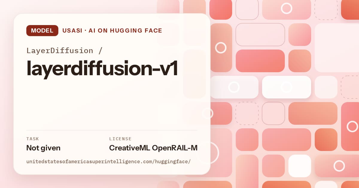 Generated coral tile-mosaic artwork for the model LayerDiffusion/layerdiffusion-v1, labeled USASI · AI on Hugging Face, with Task: Not given · License: CreativeML OpenRAIL-M.