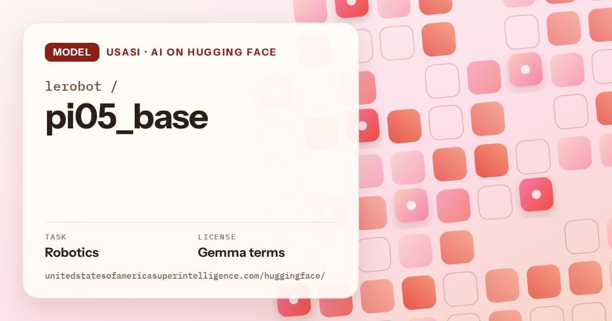 Generated coral rounded-tile grid artwork for the model lerobot/pi05_base, labeled USASI · AI on Hugging Face, with Task: Robotics · License: Gemma terms.