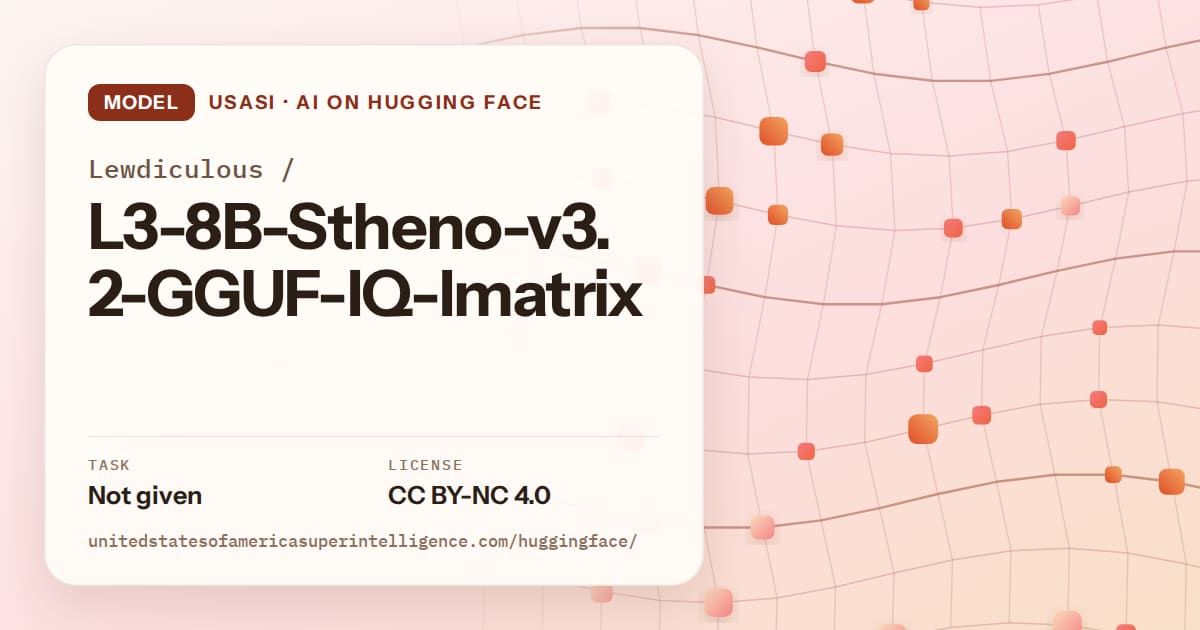 Generated tangerine wave-lattice artwork for the model Lewdiculous/L3-8B-Stheno-v3.2-GGUF-IQ-Imatrix, labeled USASI · AI on Hugging Face, with Task: Not given · License: CC BY-NC 4.0.