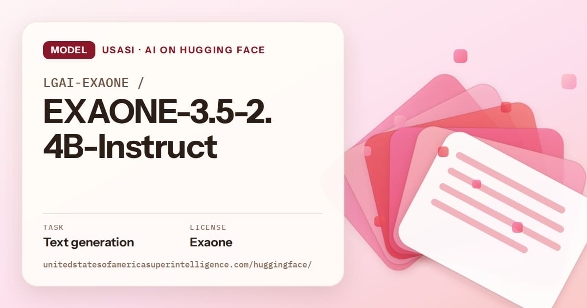 Generated coral layered-card artwork for the model LGAI-EXAONE/EXAONE-3.5-2.4B-Instruct, labeled USASI · AI on Hugging Face, with Task: Text generation · License: Exaone.